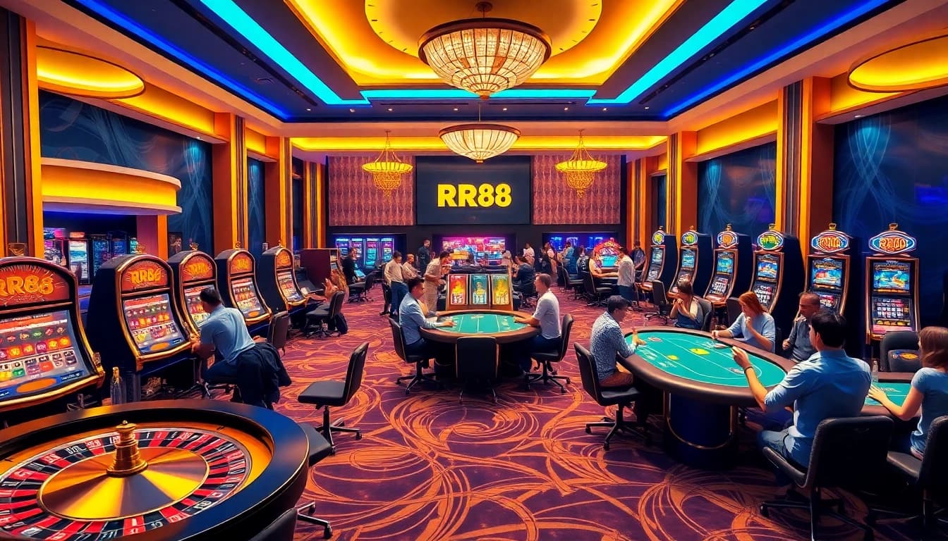 Players enjoying games at RR88 casino, featuring slot machines and roulette.