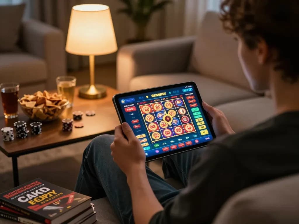 Win68 user engaging in online gaming with strategic insights, showcasing a cozy home setup.