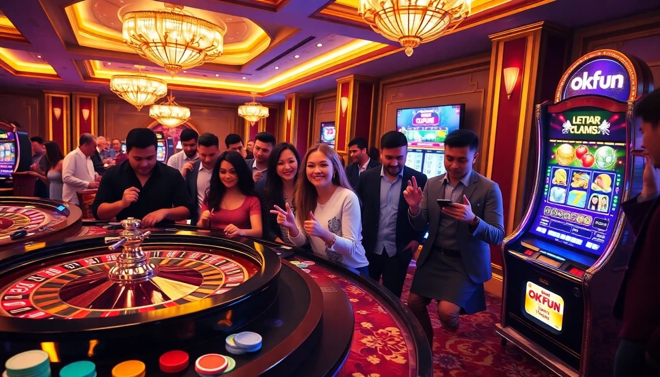 Gambling excitement at the luxurious okfun casino with vibrant tables and eager players.
