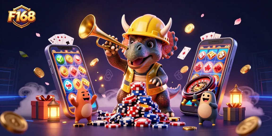 F168 players celebrate huge wins as the triceratops builds poker chip pyramids amidst vibrant casino elements.