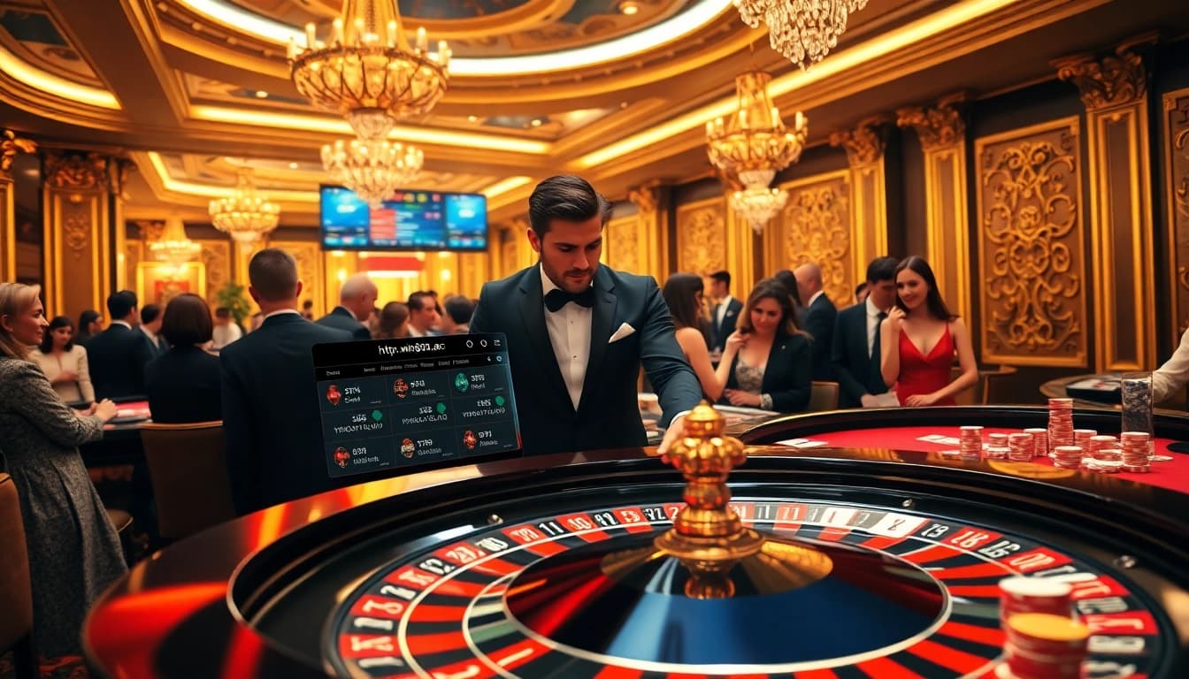 Experience high-stakes excitement at https://win678.ac/ with a stunning casino scene featuring roulette and dealers.