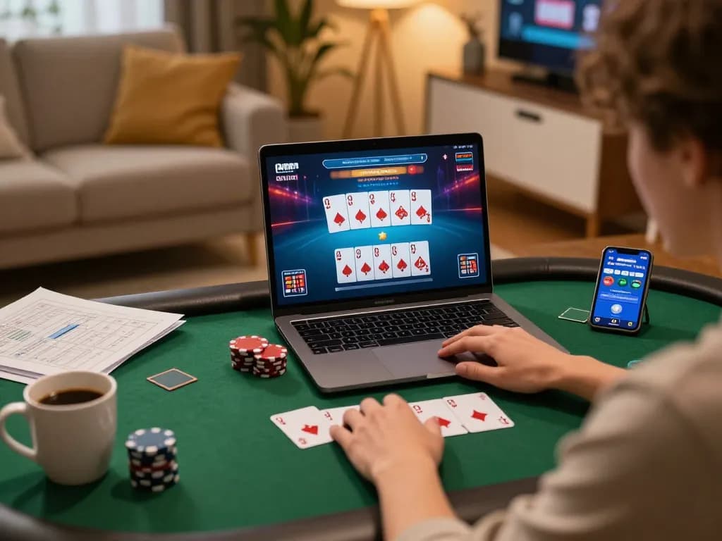 Person engaged in poker gameplay on 789club, showcasing vibrant game interface and strategy notes.