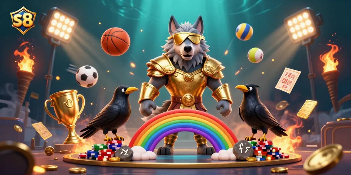 S8 players experience thrilling wins with sports betting elements in this 3D casino illustration.