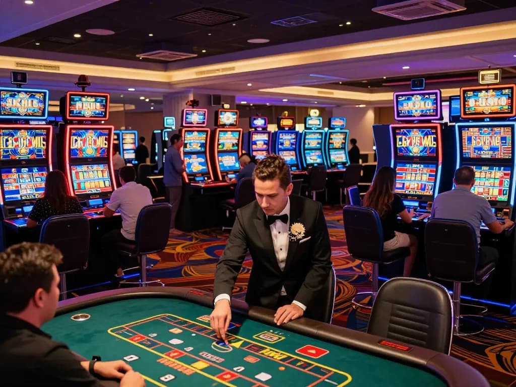 Players enjoying vibrant slot machines and table games at MMOO online casino, capturing excitement and engagement.