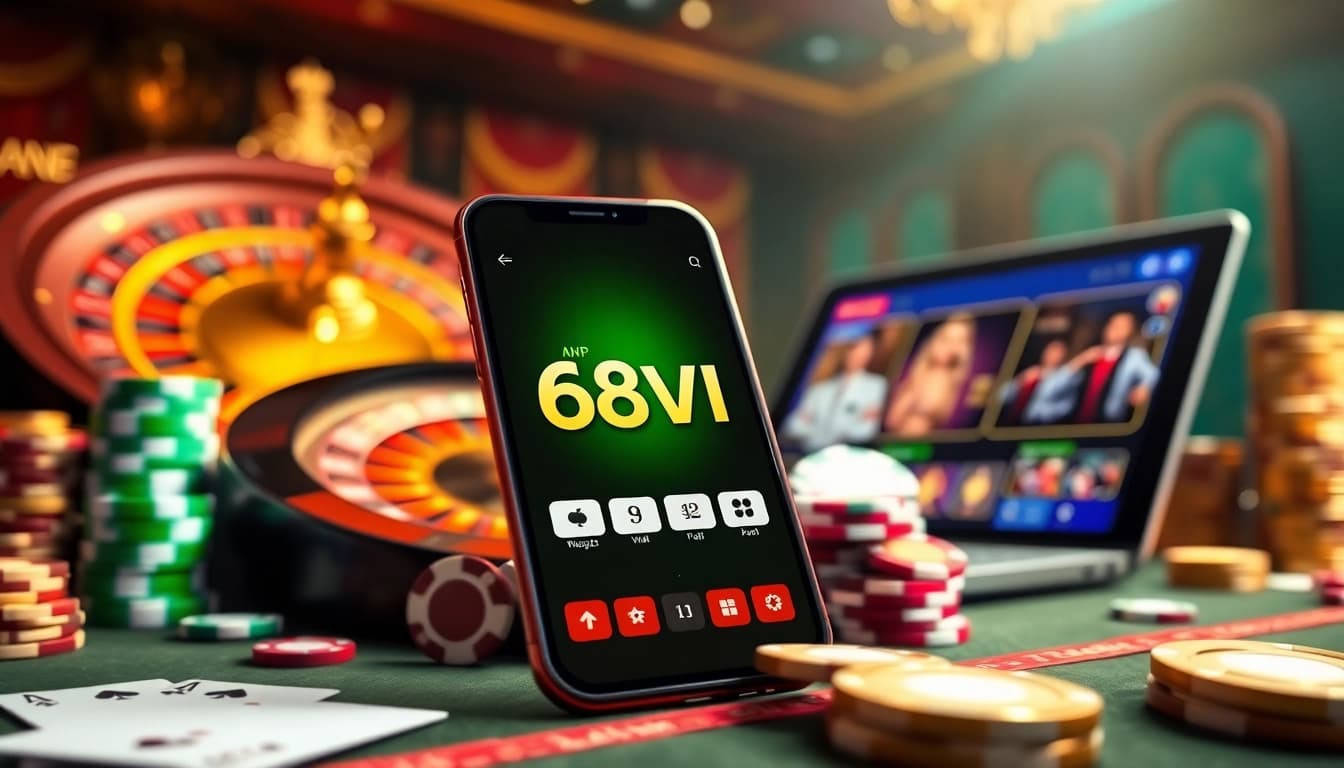 Tải App Nhà Cái 68VIP with engaging online gambling visuals, including poker chips and smartphones.