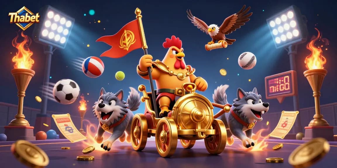 Thabet's dynamic scene shows a rooster warlord leading a golden chariot, amidst vibrant sports events.
