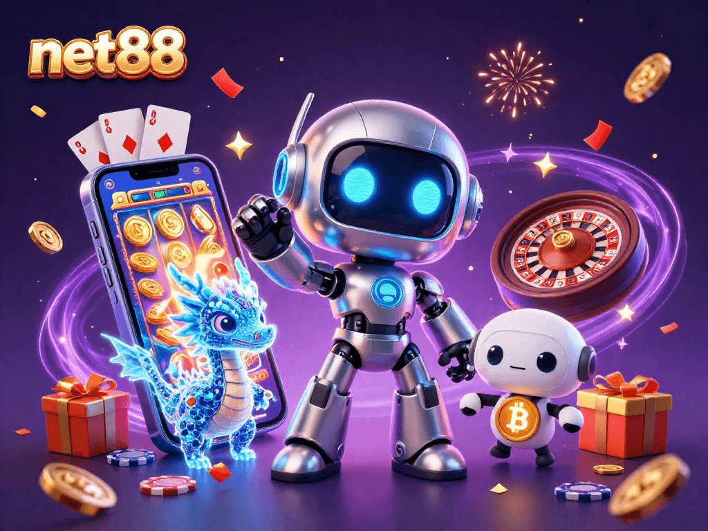 Experience thrilling gaming action at net88 with a vibrant 3D casino illustration showcasing characters and game elements.