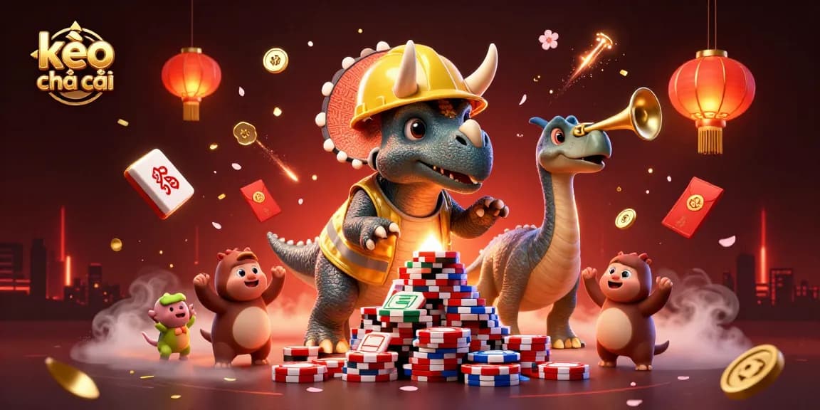 Bet on kèo nhà cái with a dynamic illustration of a triceratops building poker chip pyramids.