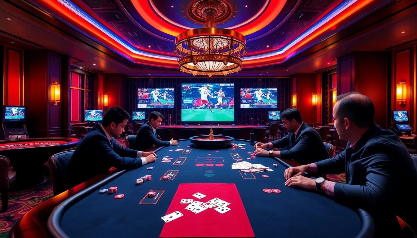 Lương Sơn TV combines the thrill of poker with live sports updates in a luxurious casino setting.