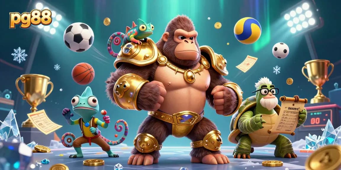 Engaging 3D illustration depicting pg88 characters in a vibrant casino scene with sports elements and gold coins.