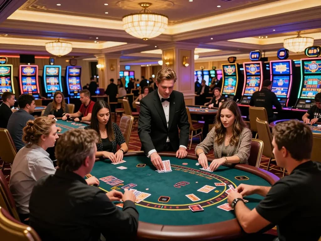 fa88 players enjoying blackjack at a vibrant casino, showcasing strategy and excitement