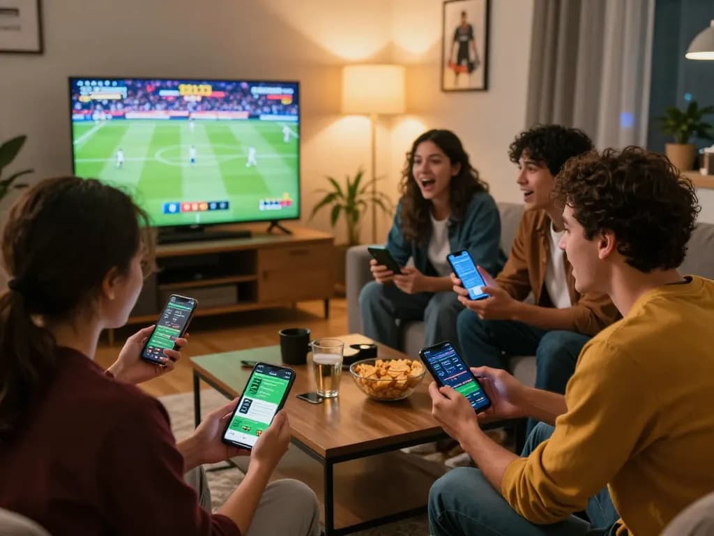 Friends engage in sports betting using mobile apps while watching live sports in a cozy living room, nowgoal insights.
