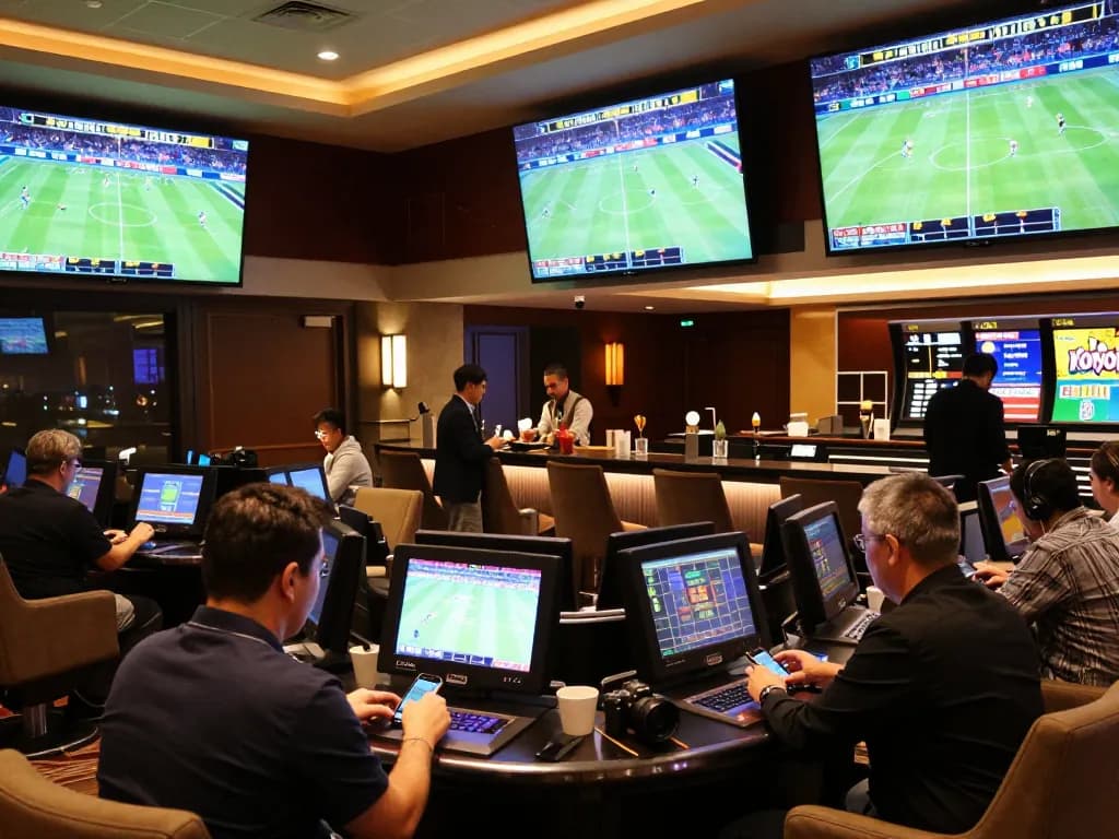 Patrons at RR88 sports betting lounge placing bets on live events with excitement