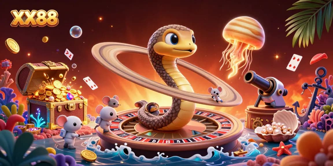 Bet on your luck with XX88 in a vibrant casino scene featuring a roulette planet and funny astronauts.