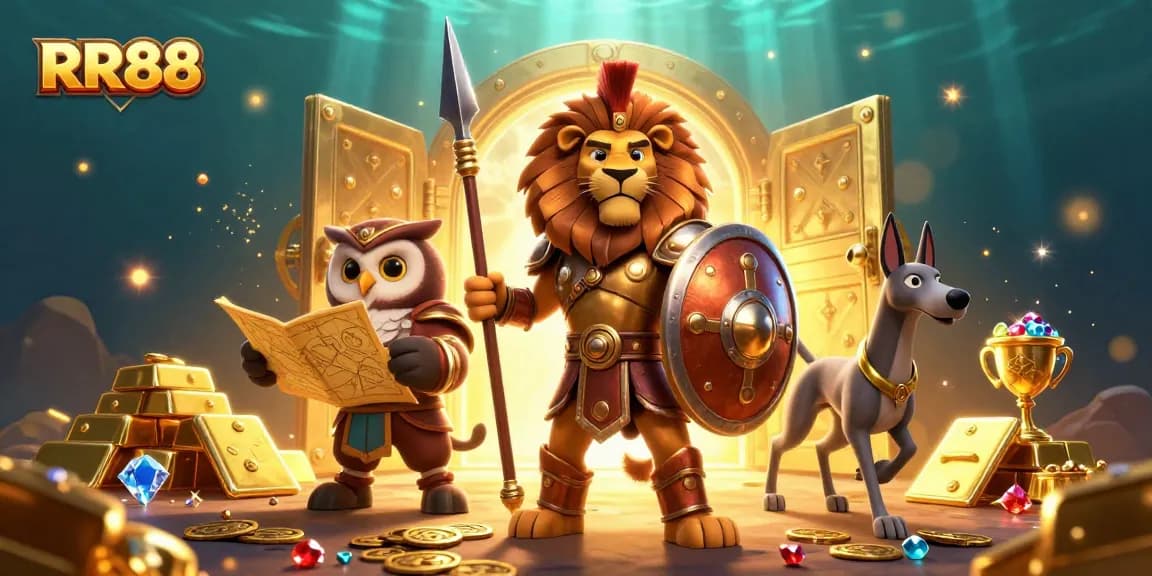 Join the thrilling adventure at RR88 with a Spartan lion, an owl strategist, and a greyhound messenger amidst golden treasures!