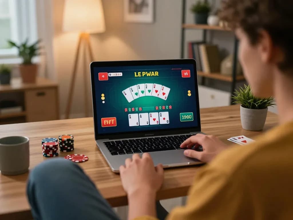 Player strategizing in an online blackjack game using LLwin, highlighting engaging gameplay and comfortable setting.