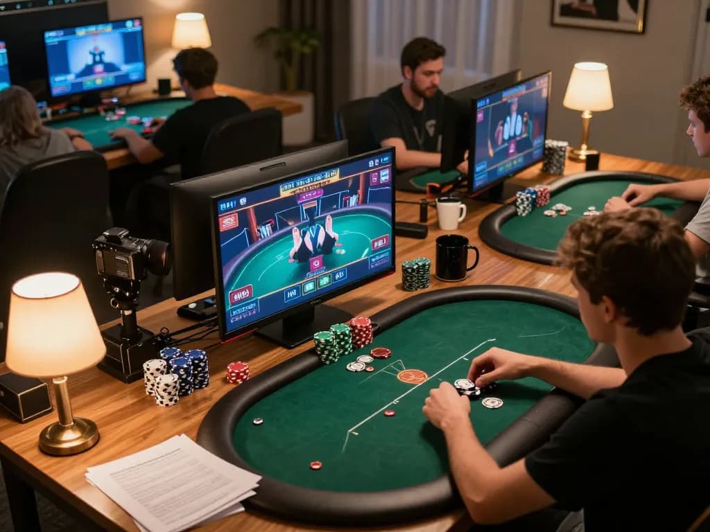 Players engaging in an online poker game on their screens, highlighting LC88's strategic betting atmosphere.