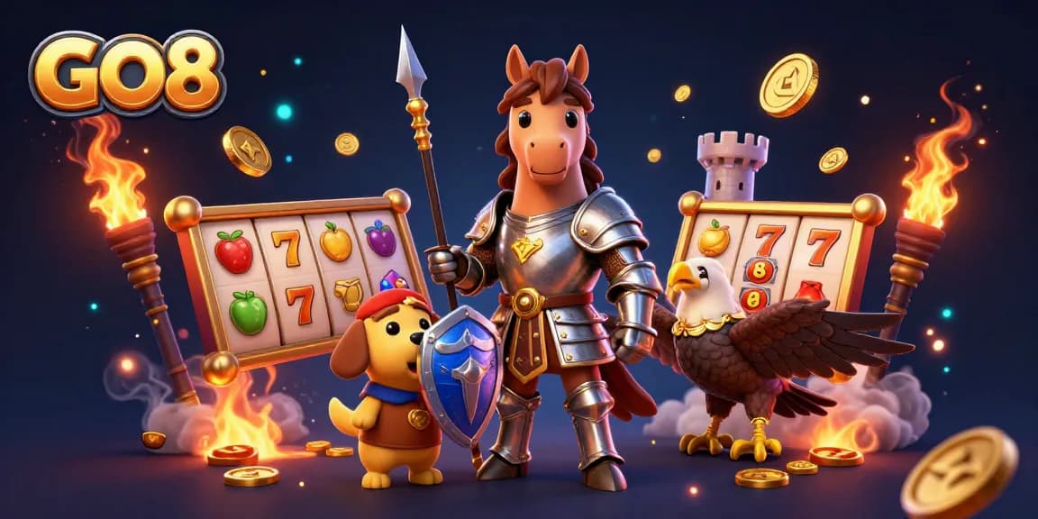 Experience thrilling wins at GO8 with this dynamic slot gaming illustration featuring lively characters and elements.