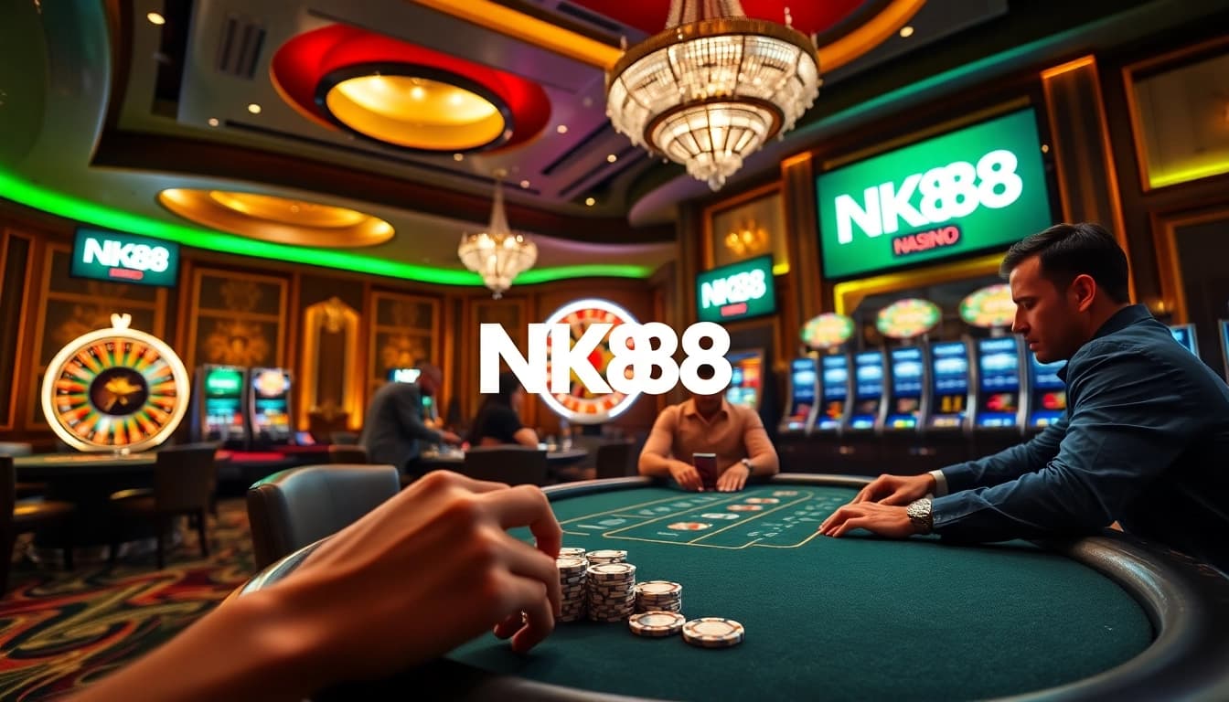Players engaging in a high-stakes poker game at NK88, surrounded by luxury and excitement.