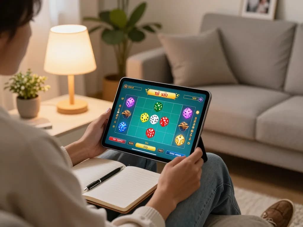 Engaging in tài xỉu online gaming on a tablet in a cozy home setting with strategic notes