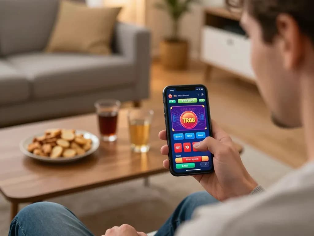 Engaging player placing bets on TR88 online casino app in a cozy home environment.