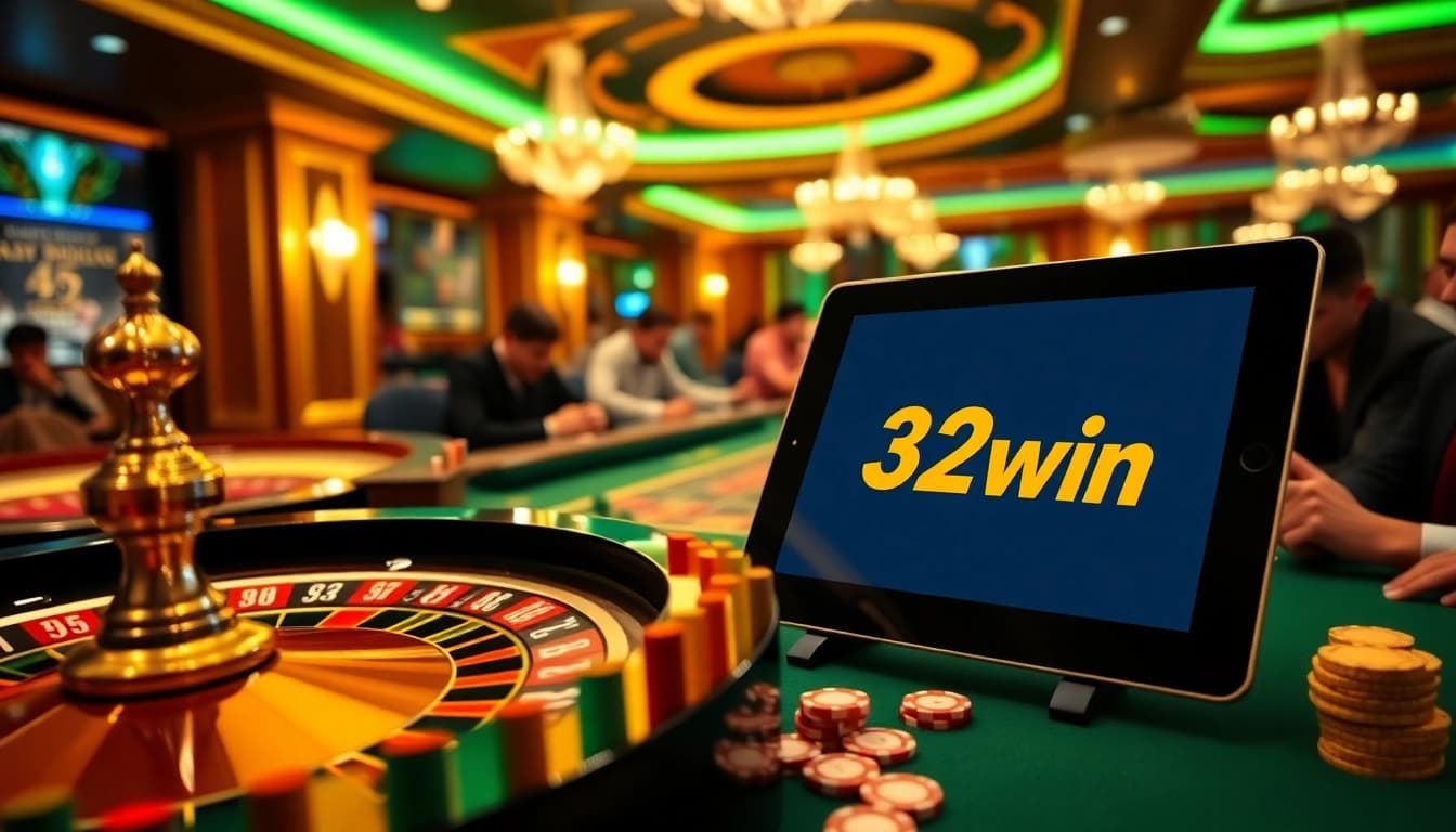 Experience thrilling gameplay with 32win, highlighting intense casino action with poker chips and a roulette wheel.