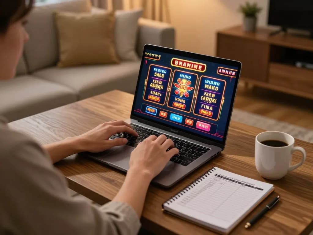 Person enjoying KO66 slots on a laptop, showcasing an inviting home gaming setup with cozy ambiance.