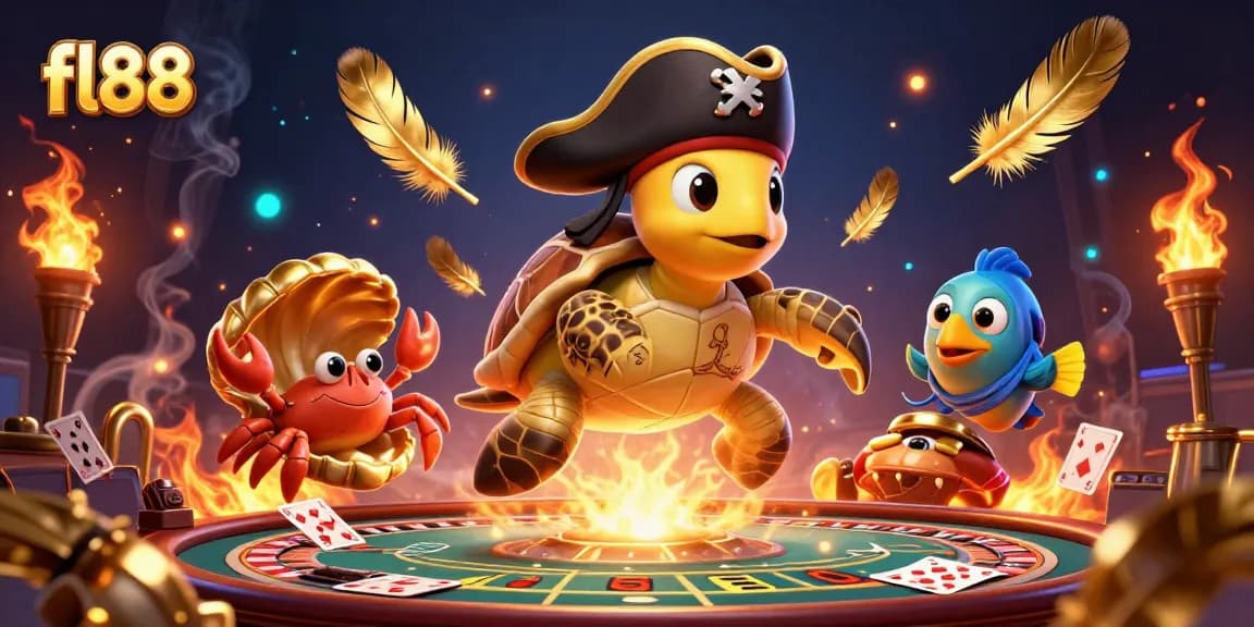 Spin the fl88 roulette wheel as the pirate turtle and friends celebrate a winning night at the casino.