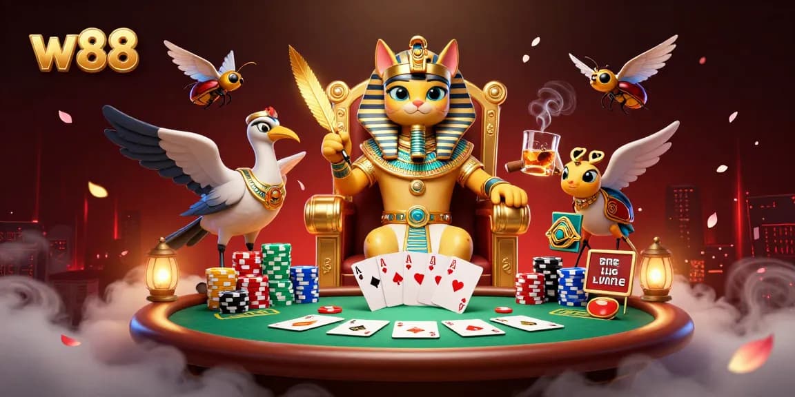W88 offers thrilling gaming with Egyptian-themed visuals, poker chips, and multiple gaming pieces.