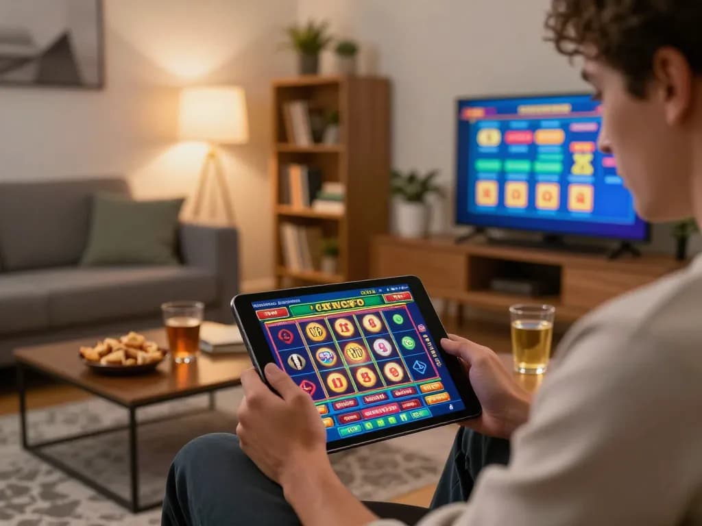 Player engaged in online gaming with mb66 tablet interface, cozy home environment showcasing strategic gambling