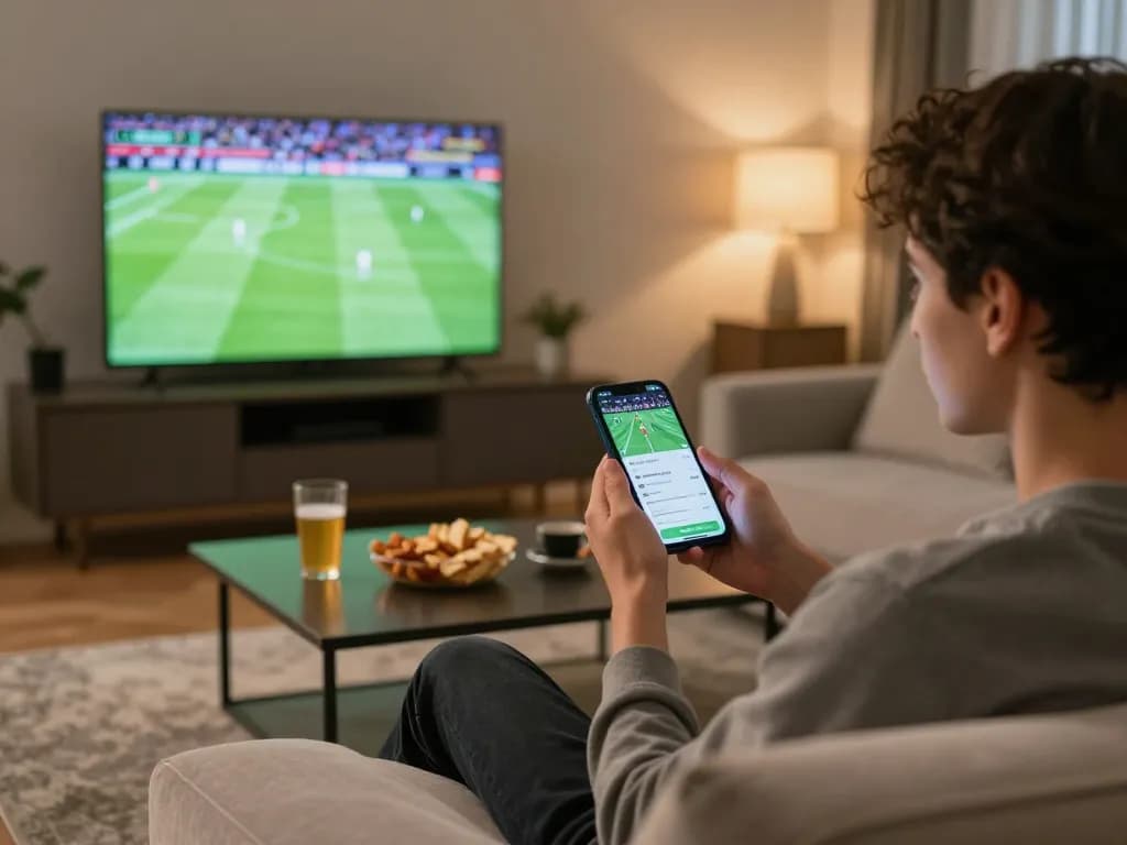 Place sports bets with rr88 app on smartphone in a cozy living room setting.