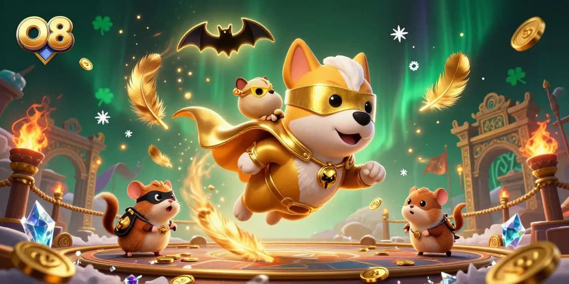 O8 casino superhero dog flies with gold coins in a vibrant 3D gambling illustration