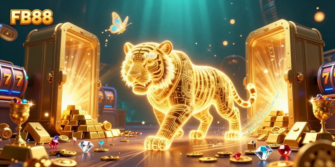 Experience dazzling wins at FB88 casino, featuring a vibrant scene with neon elements and treasures.