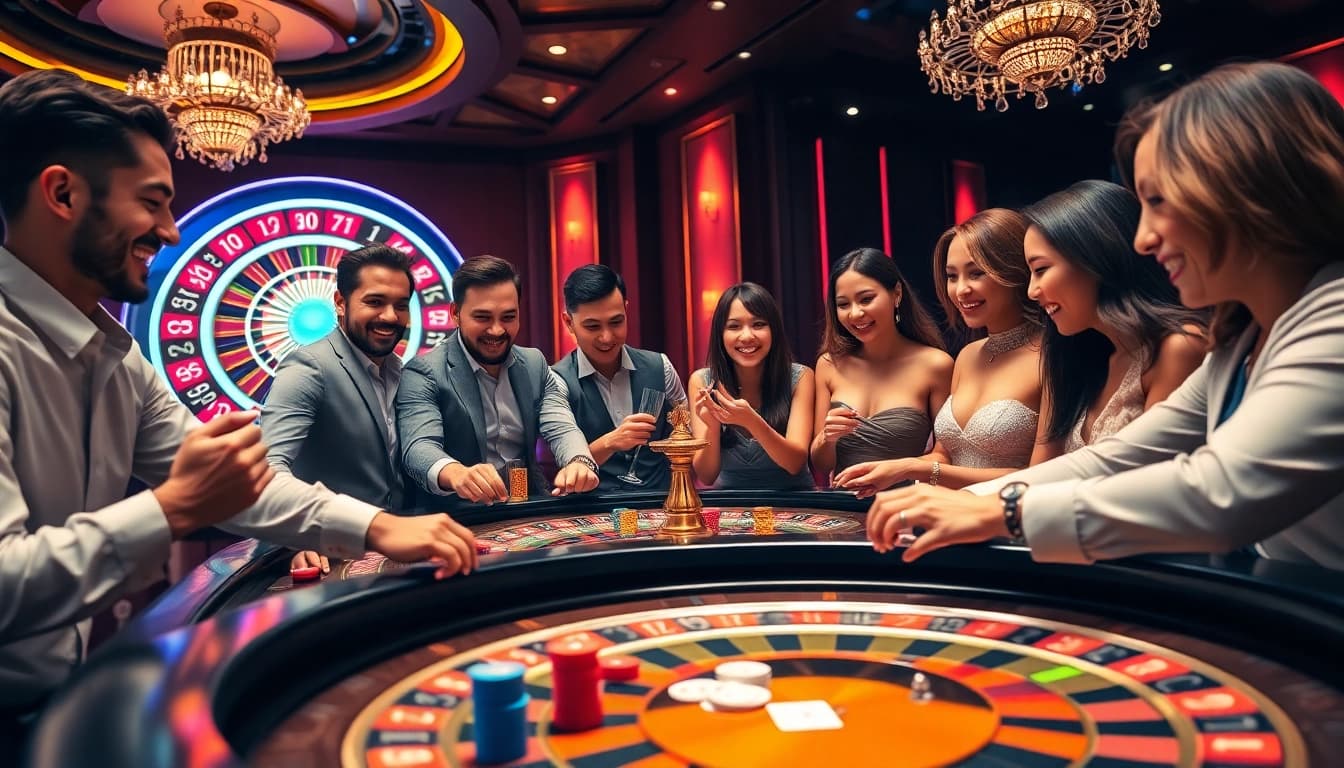 Experience the excitement of nhà cái LUCK8 with vibrant casino chips and players at a roulette table.