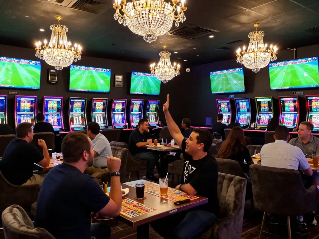 Watch the exciting kết quả bóng đá unfold as bettors cheer in a lively sports lounge.
