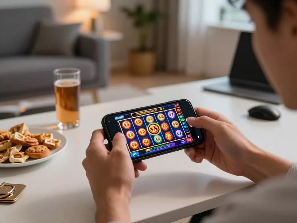 Player immersed in Jili games using smartphone in stylish home setting, capturing excitement of online gambling.
