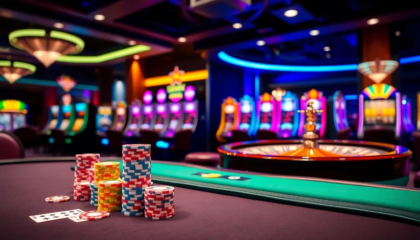 Engaging online gambling experience at nhà cái 98win with poker chips and roulette.