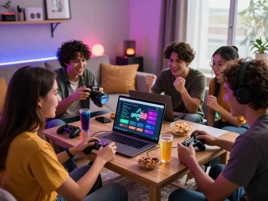 Friends enjoying an online gaming session on gem88 with vibrant lights.