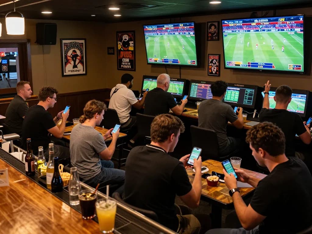 Sports betting scene capturing the excitement of patrons using kèo nhà cái apps to place bets.