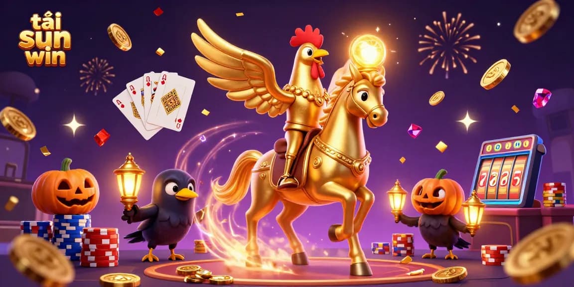 Engage with tải sun win as a vibrant casino scene unfolds with a golden rooster and spectral horse.
