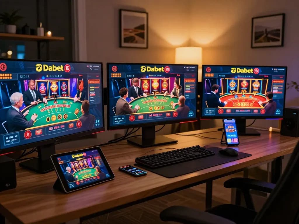 Dabet players enjoying engaging online casino games in a modern gaming setup.