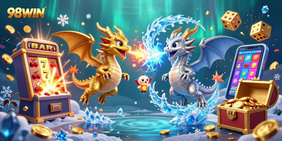 Experience the thrilling world of 98WIN with dynamic dragons and casino elements in a vibrant scene.