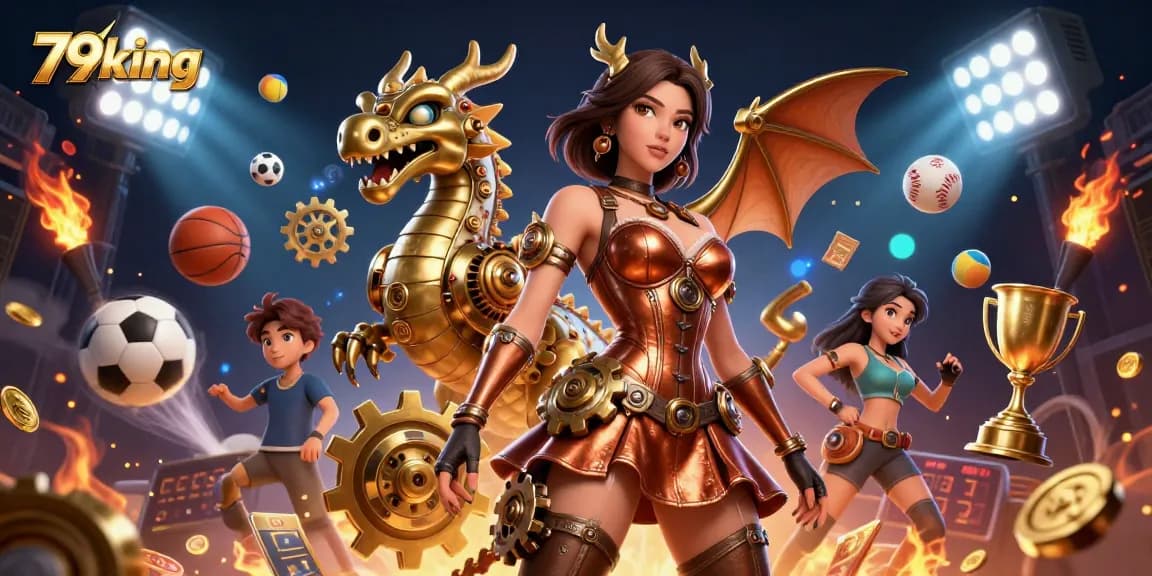 Engage in thrilling sports betting at 79king with dynamic illustrations of vibrant games and prizes.