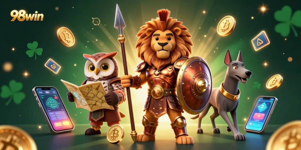Engage in thrilling gaming at 98win, featuring a dynamic 3D illustrated scene with a Spartan lion and casino elements.