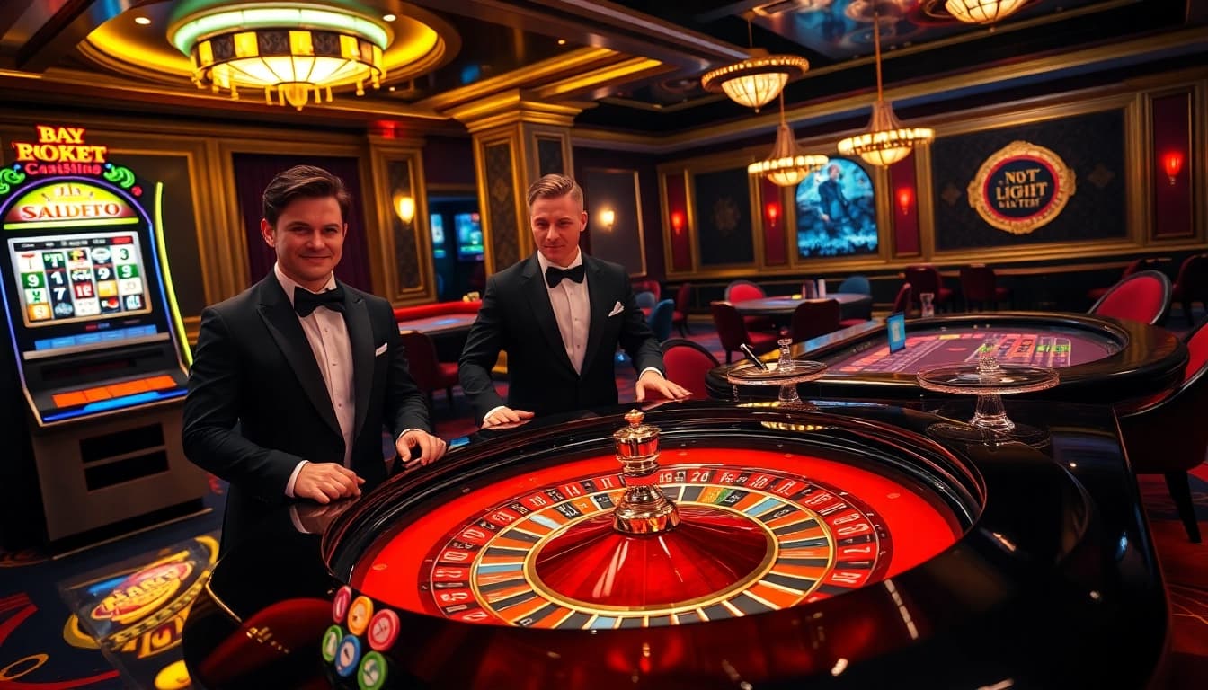 Gamblers enjoying a glamorous casino experience, featuring i9bet elements and vibrant gaming action.