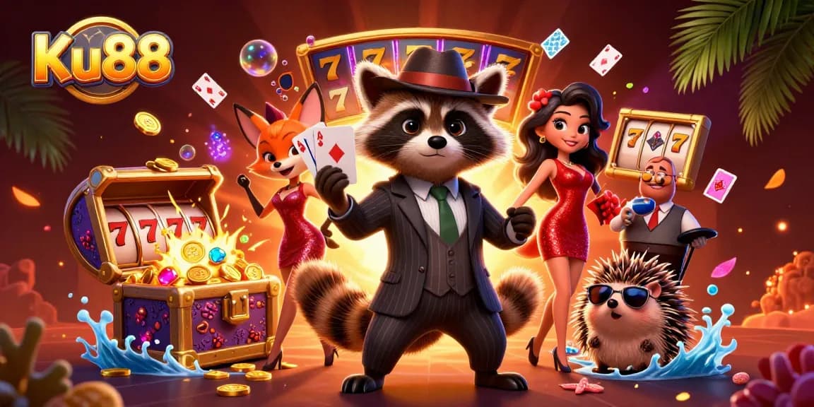 Ku88’s vibrant illustration showcases a suave raccoon and friends enjoying slots in a casino