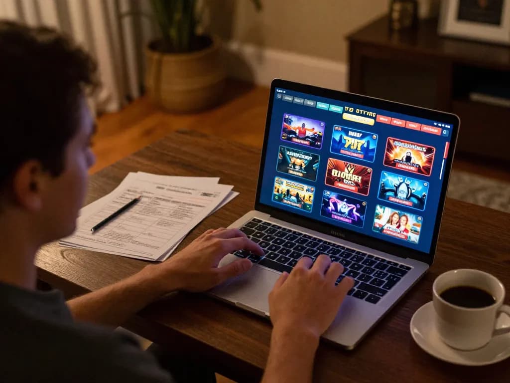 Engaging in online casino gameplay at home with 123B, showcasing laptop screen with betting options and warm ambient lighting.