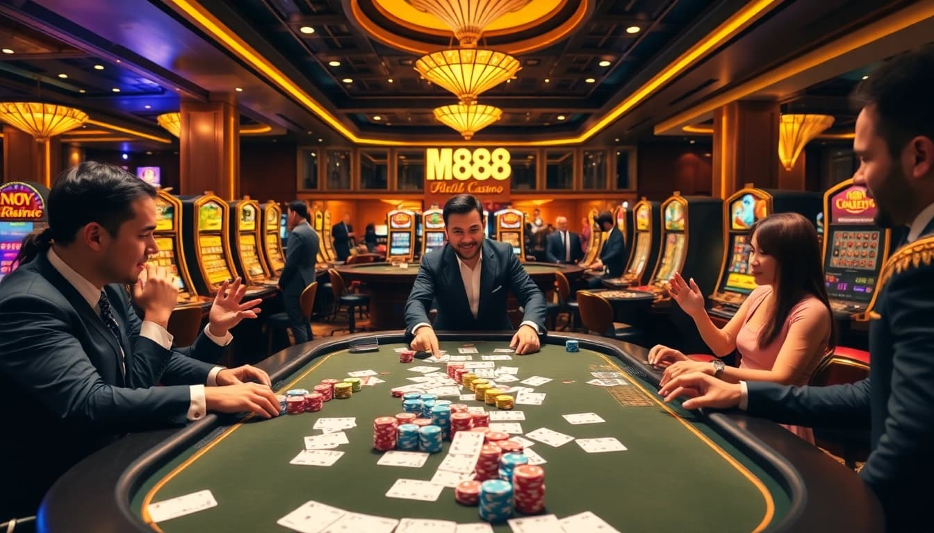 Experience high-stakes excitement at mm88's vibrant casino scene with colorful poker chips and glowing slot machines.
