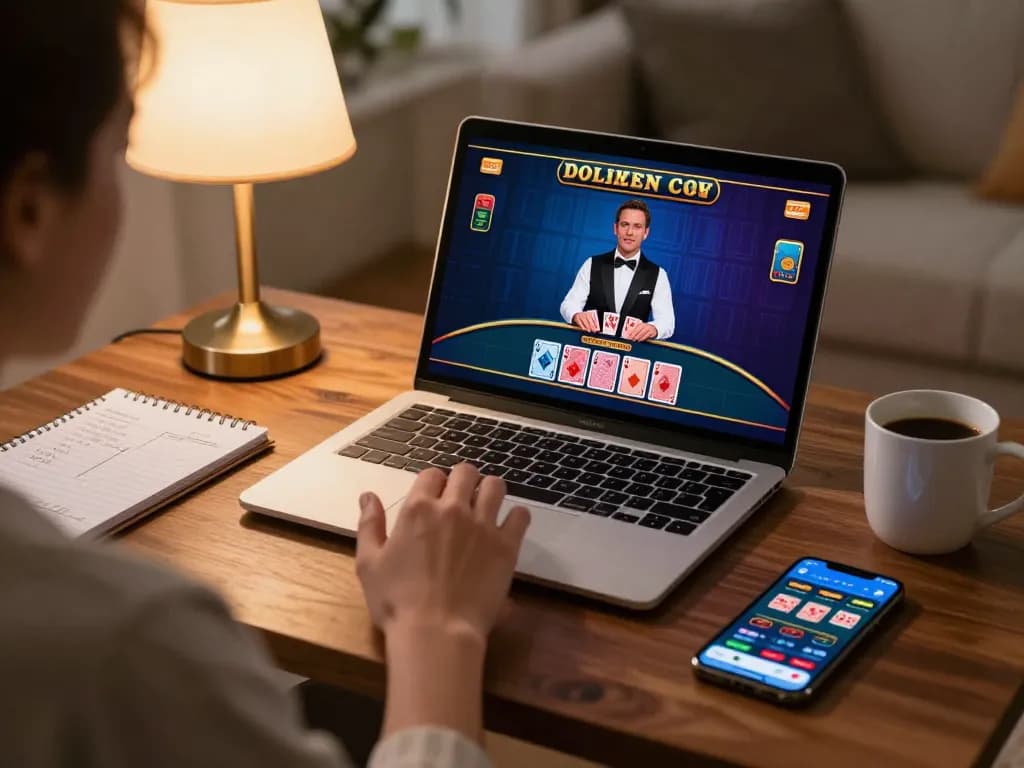 Engaged player enjoying man88 online blackjack on laptop, showcasing a stylish home gaming setup.