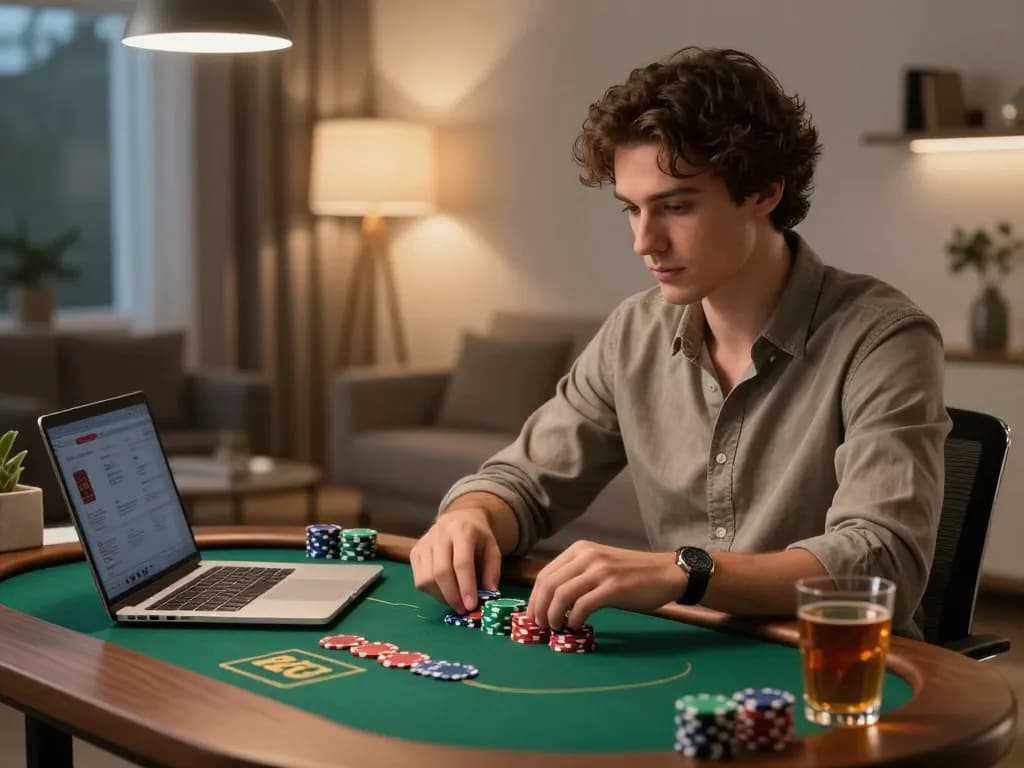 Engaging in a high-stakes poker game online at https://fabet3.net/ with a sleek laptop and strategic focus.